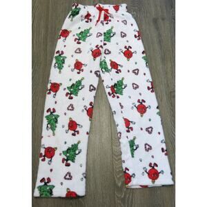 Christmas Pajama Pants Trees Ornaments Size S Women White Multi Fleece Warm Cozy